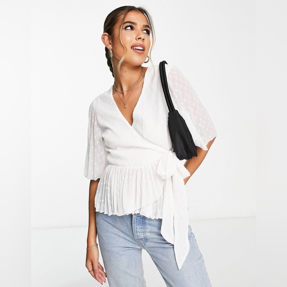ASOS DESIGN textured wrap short sleeve blouse with pleated peplum hem Size 8